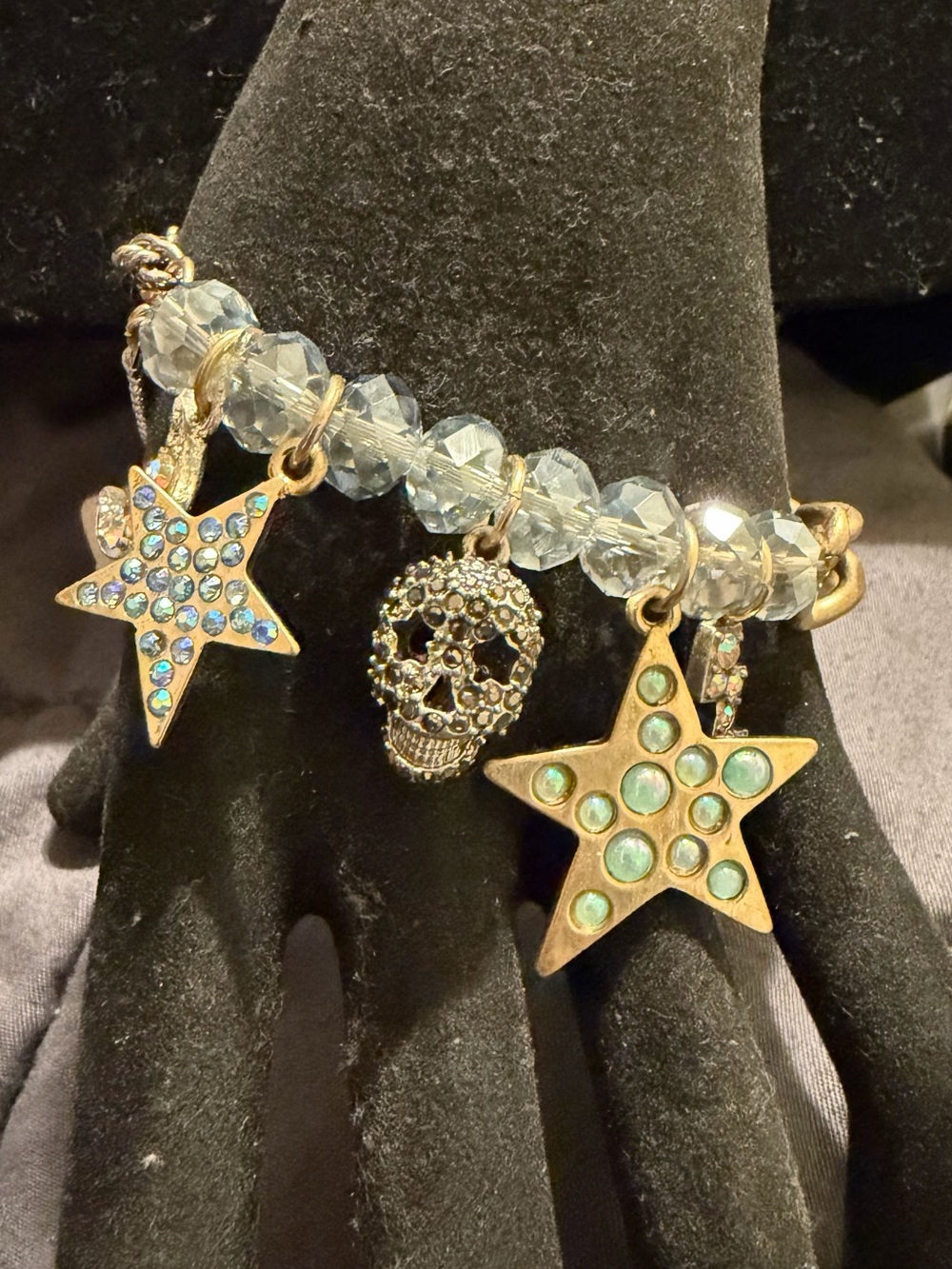 Betsey Johnson Gold-Tone Star & Crystal Skull Charm Bracelet with Aqua Accents